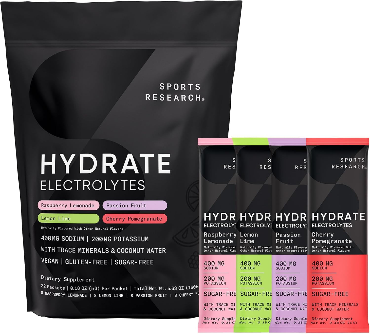 Sports Research® Hydrate Electrolytes Powder Packets – Sugar-Free & Naturally Fl