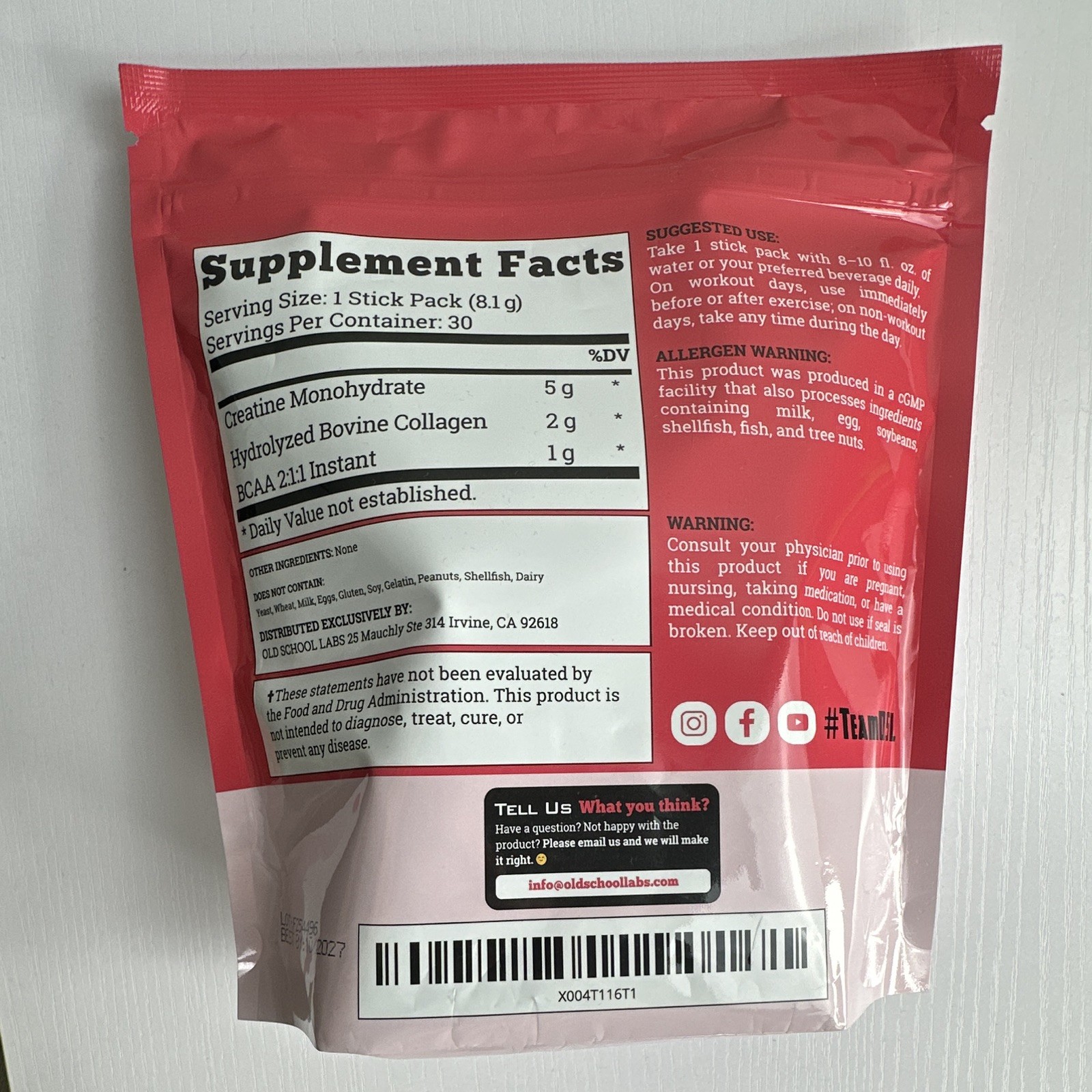 Old School Labs Creatine + Collagen Unflavored 30 Sticks Exp 10/2027