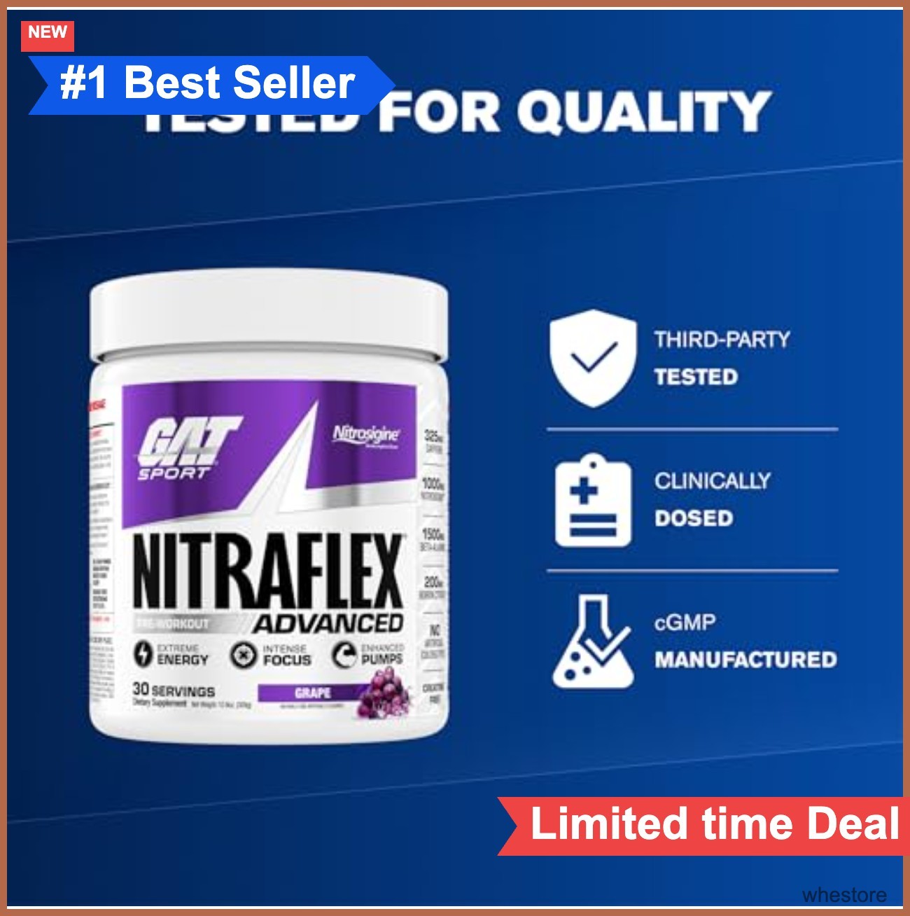 Pre-Workout Powder Grape 30 Servings Creatine-Free Energy Focus Nitrosigine