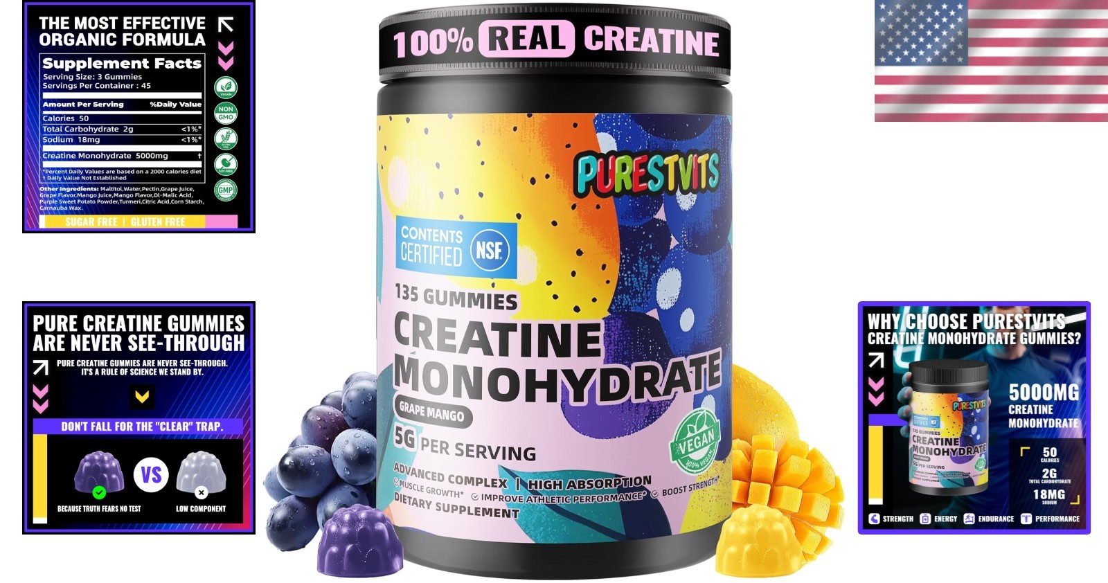 Delicious Muscle Growth Gummies – 5g Creatine Monohydrate, 135 Count, Sugar-Free