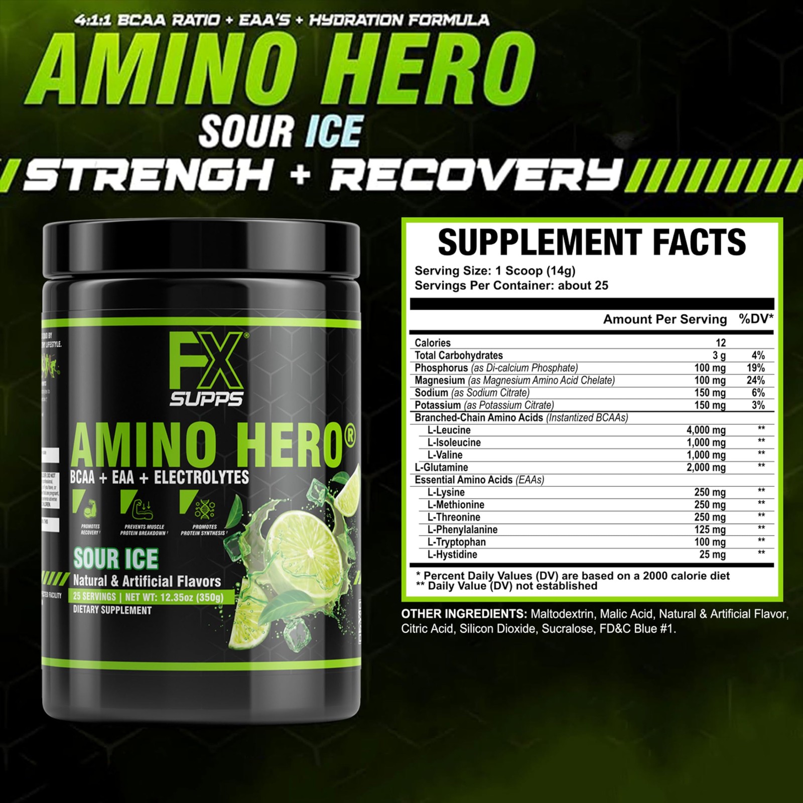 FXSUPPS Amino Hero Sour Ice Flavor 25 Servings | Post-Workout Recovery Drink …