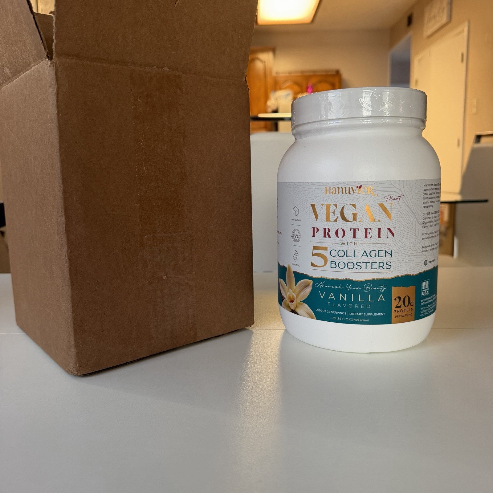 Hanuvier Vegan Protein Powder Vanilla Non-GMO No Sugar 1.98 lb