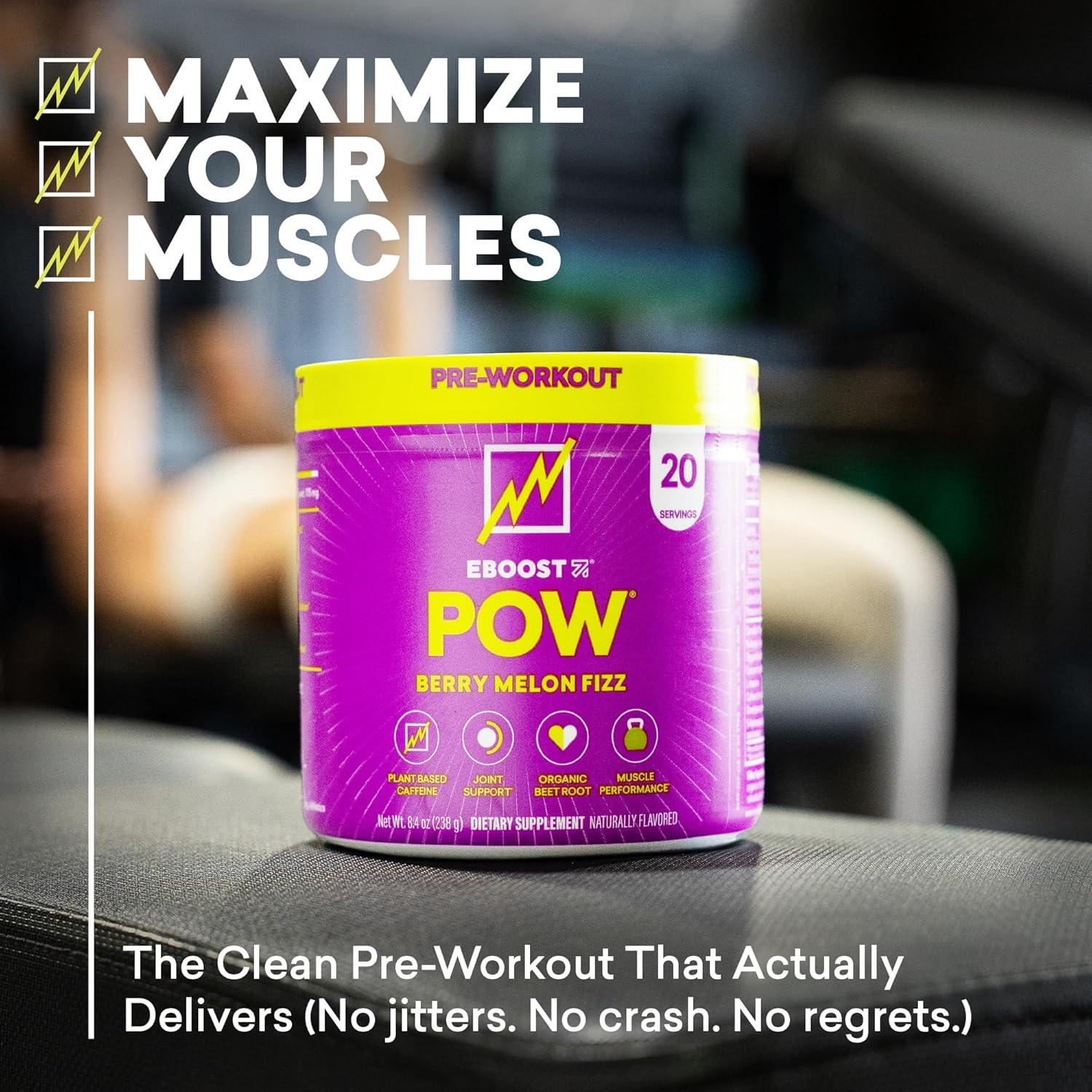 EBOOST POW Natural Pre Workout Powder, Berry Melon Fizz, 20 Servings