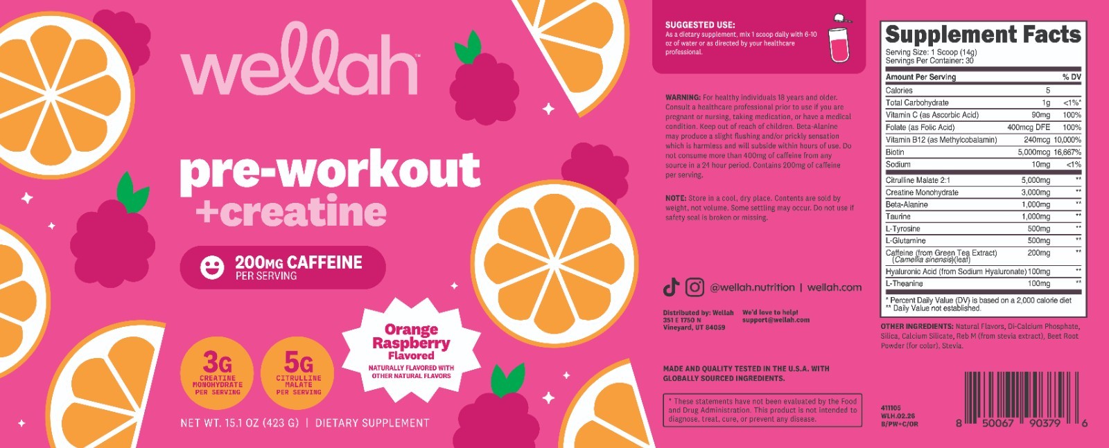 Wellah Pre-Workout + Creatine Powder (30 Servings) Orange Raspberry -3g Creatine