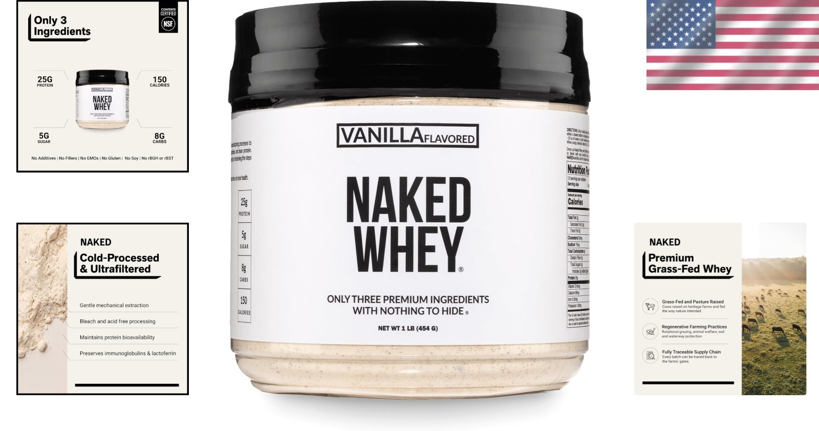 1Lb Vanilla Whey Protein Powder: 3-Ingredient NSF Certified Natural Supplement