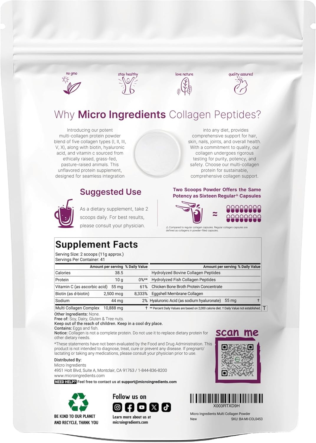 Micro Ingredients Multi Collagen Peptides Powder,1lb?CHydrolyzed Type I,II,III,V