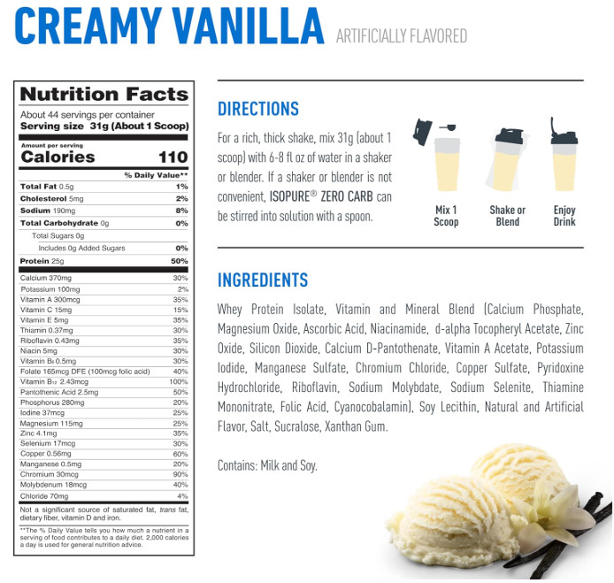 Isopure Zero Carb Whey Isolate Protein Powder Creamy Vanilla, 3 lbs