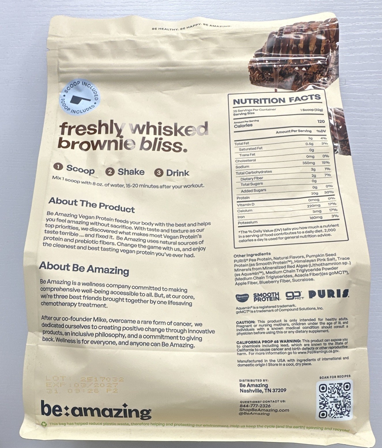 Be Amazing Vegan Protein Powder Chocolate Brownie Batter 20g Gluten-Free 25 Sv