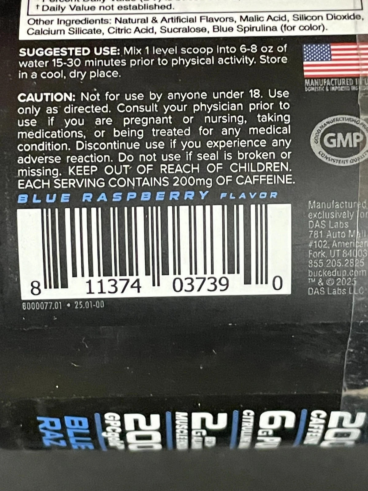 Bucked Up Pre-Workout BLUE RAZ Exp 9/2027 25 Servings