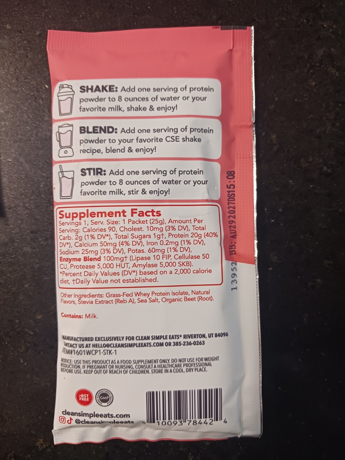 Clean Simple Eats Whey Protein Powder Peppermint 10 Stick Packs Exp 8/2027