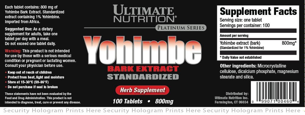 Ultimate Nutrition Yohimbe Bark Extract Tablets, Standardized, 800 mg
