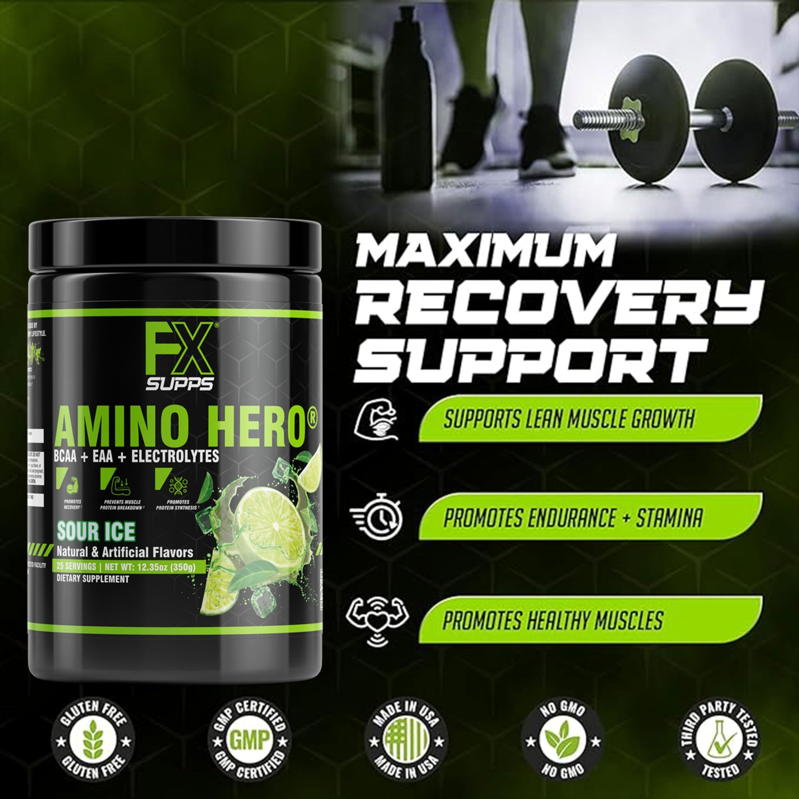 FXSUPPS Amino Hero Sour Ice Flavor 25 Servings | Post-Workout Recovery Drink …