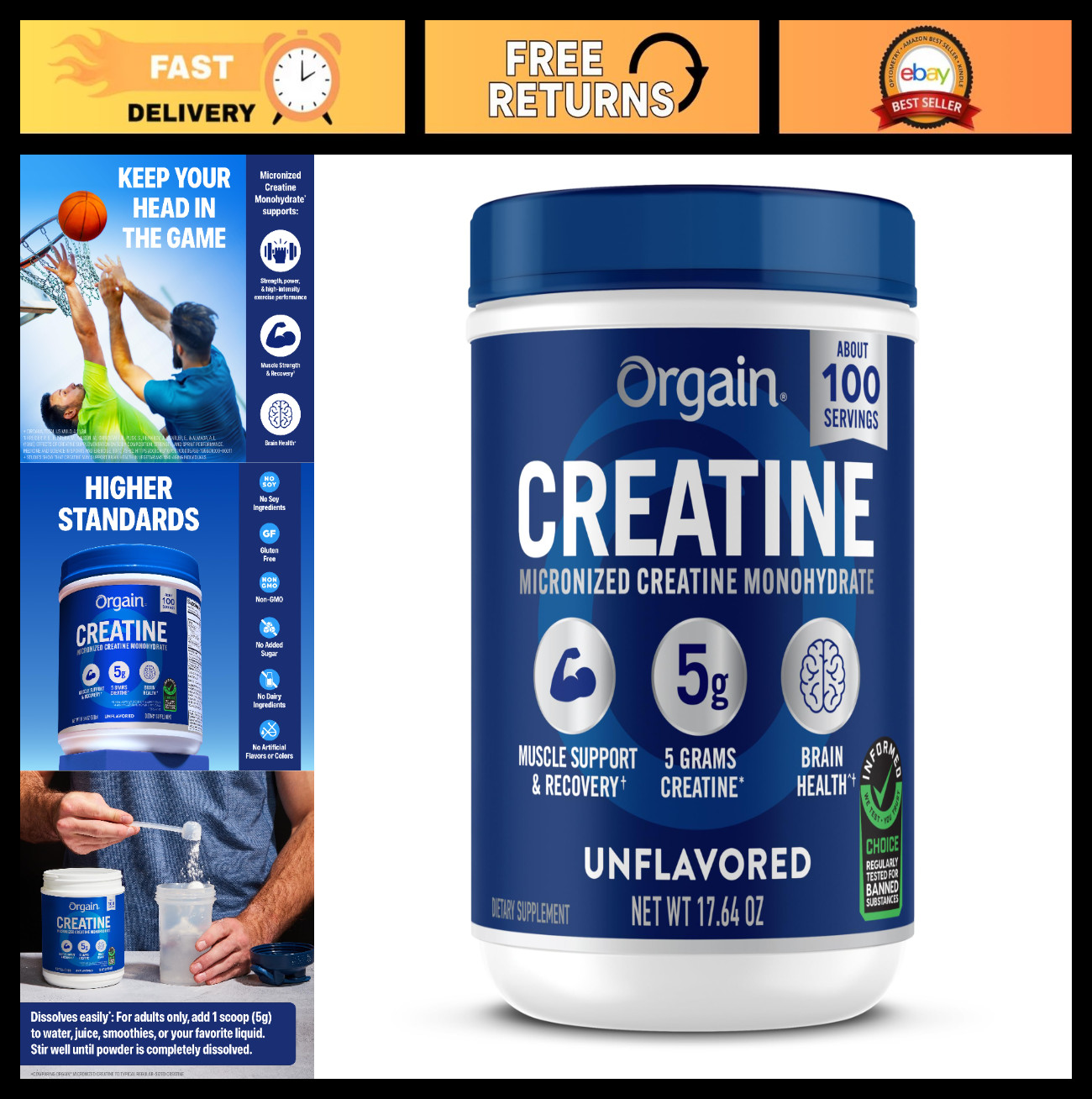 Micronized Creatine Monohydrate Powder, Unflavored, 100 Servings, 5g Per Scoop