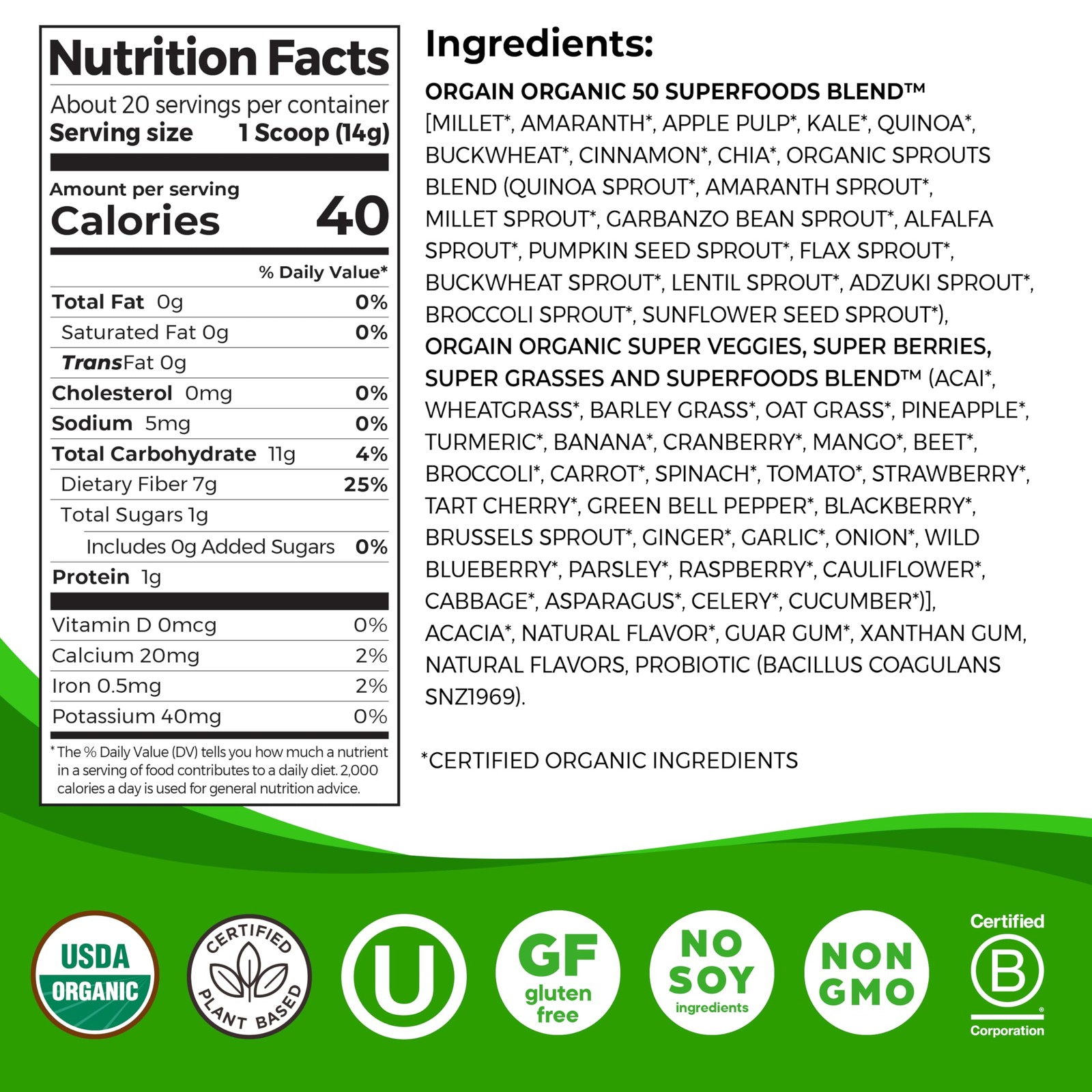 Orgain Organic Greens Powder, 50 Superfoods + 9.9 Ounce (Pack of 1), White