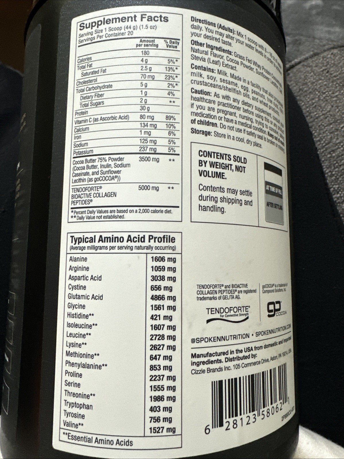 SPOKEN Grass Fed Whey Protein with Collagen Chocolate 31oz 20 Serv Pwdr Ex 11/27