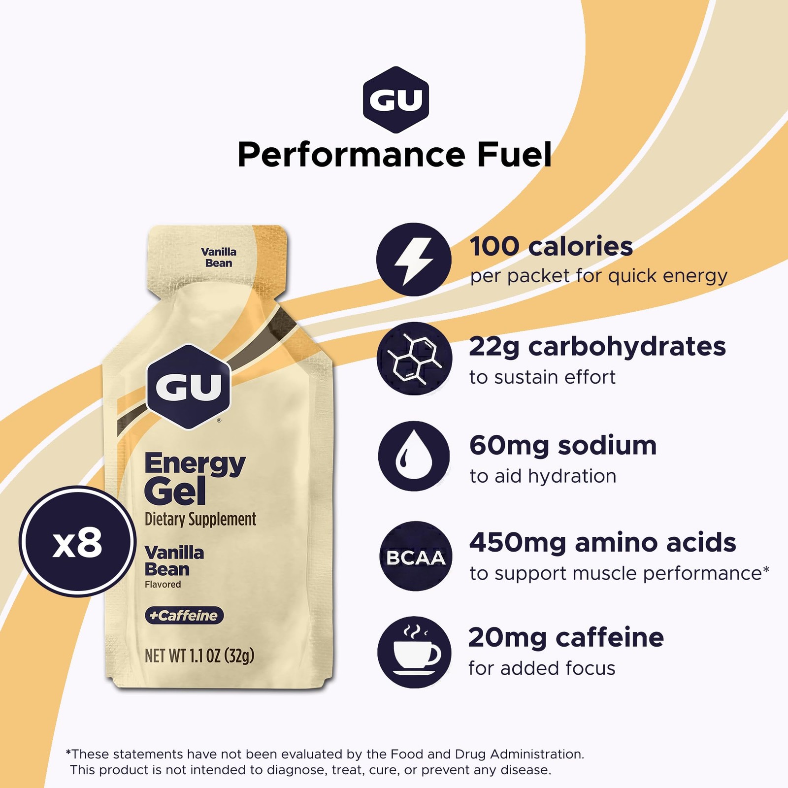 GU Energy Original Sports Nutrition 1 Fl Oz (Pack of 8), Vanilla Bean