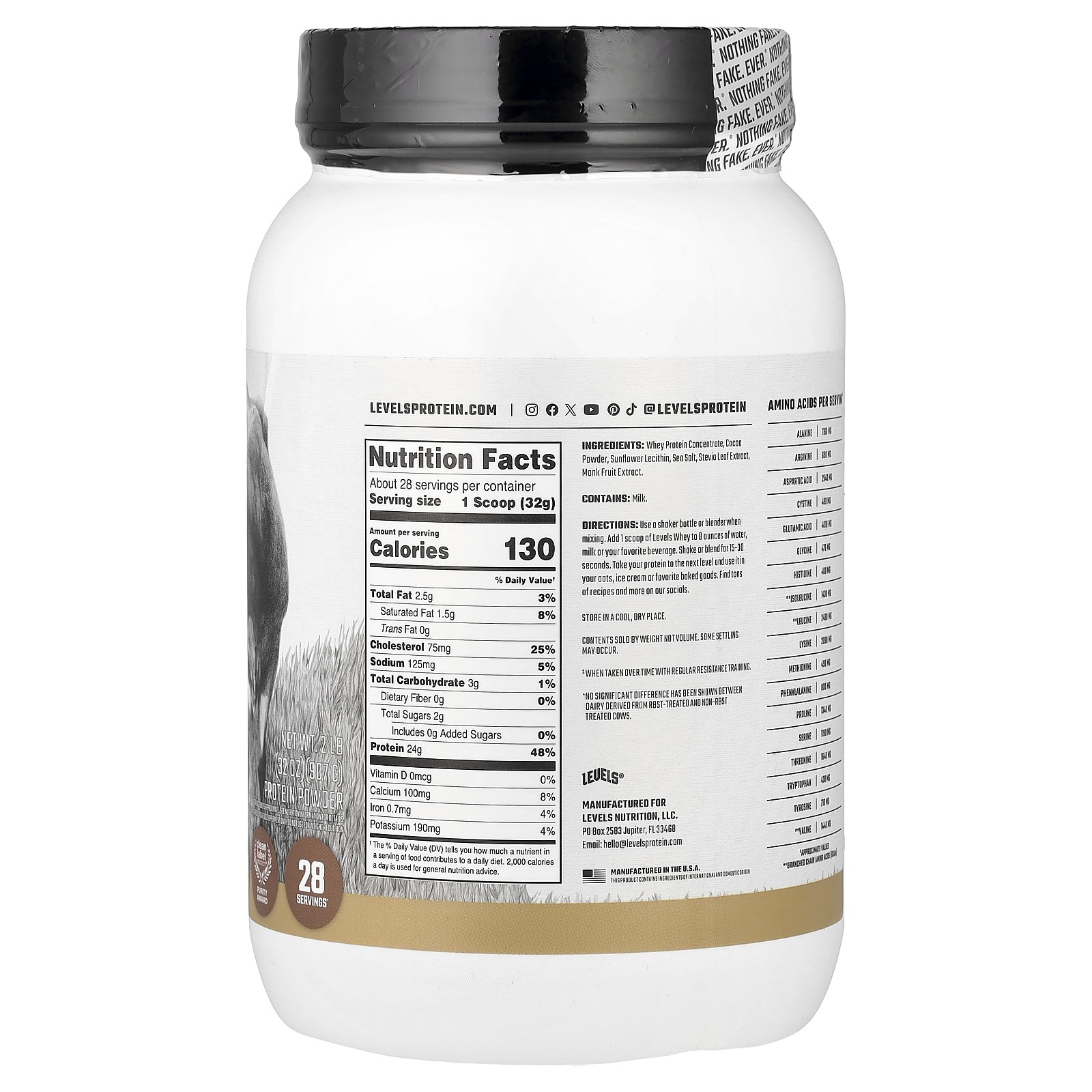 Grass Fed Whey Protein Powder, Pure Chocolate , 2 lb (907 g)