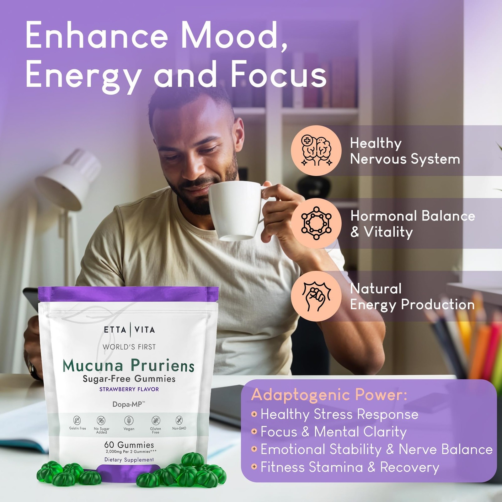 Dopamine Supplement – Sugar-Free Mucuna Pruriens Gummies (2g/serving) Energy …