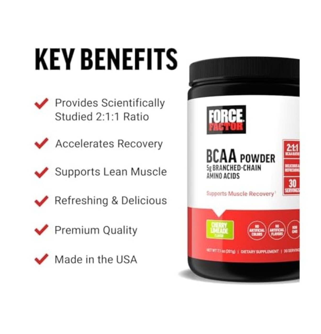 Force Factor BCAA Powder Cherry Limeade 30 Serv 7.1 oz 5g Dose
