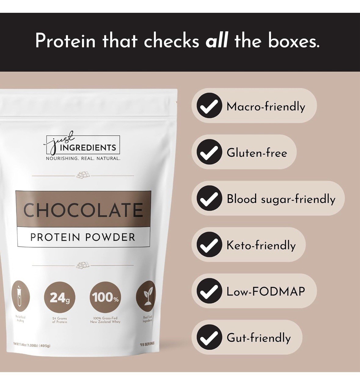 Just Ingredients Protein Powder Chocolate | 24g Protein | 15 Servings