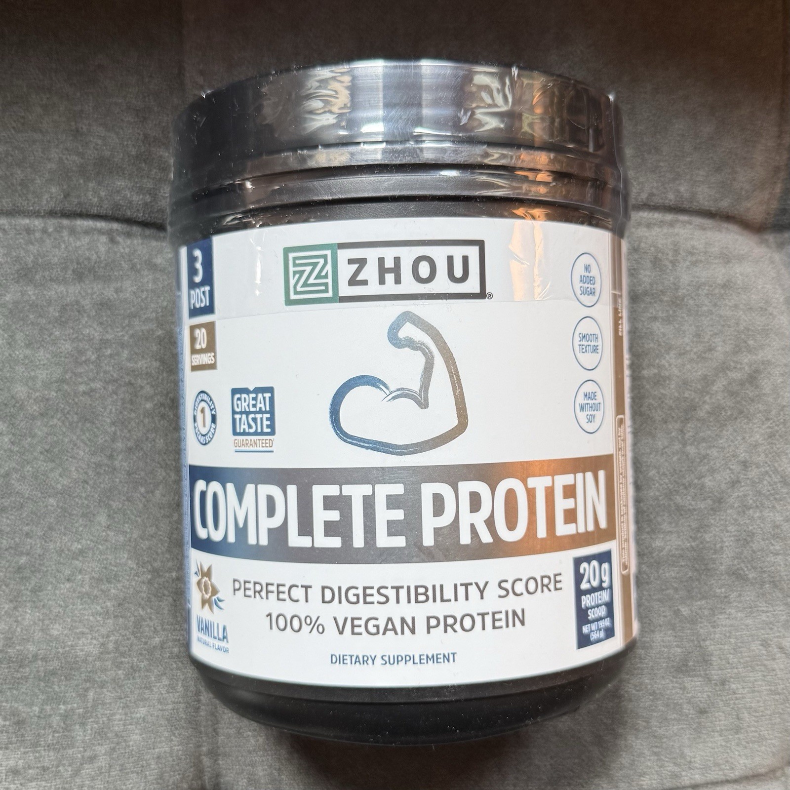 Zhou Complete Protein Vanilla 100% Vegan Protein, No Sugar Added (19.9oz)