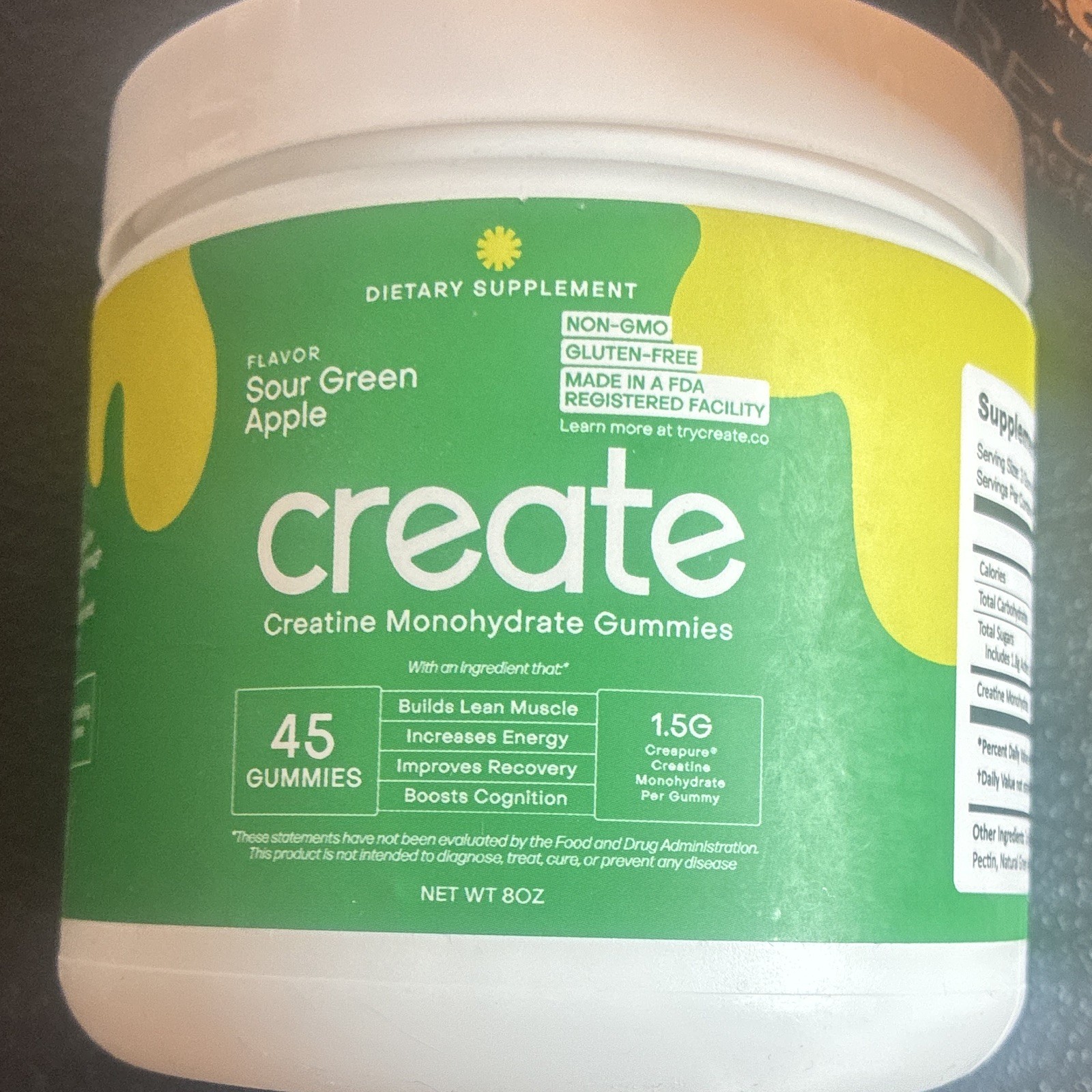 create Creatine Monohydrate Gummies Sour Green Apple 45ct Non-GMO 8 exp Jul 2026