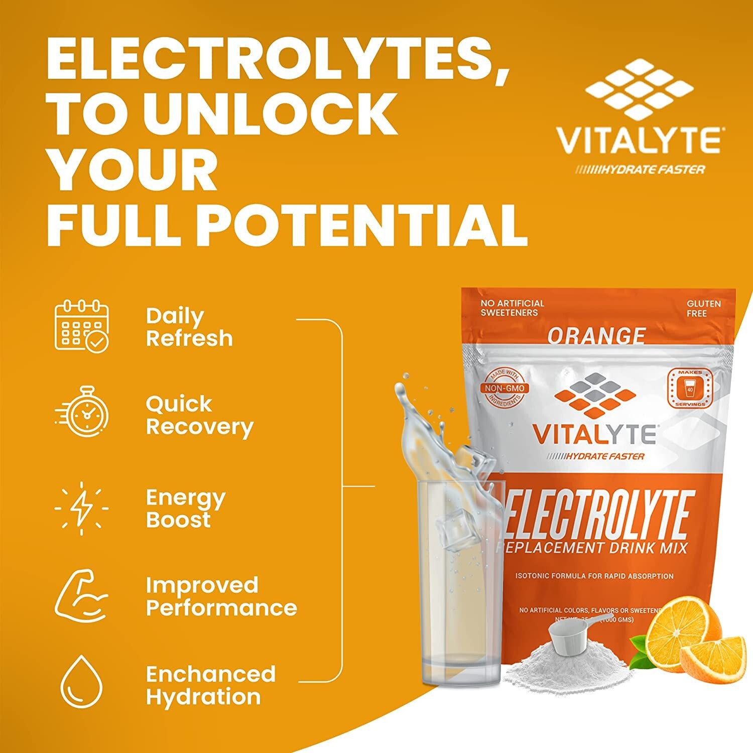 Vitalyte Electrolyte Powder, 35 oz, 40 Servings Per Container – Orange
