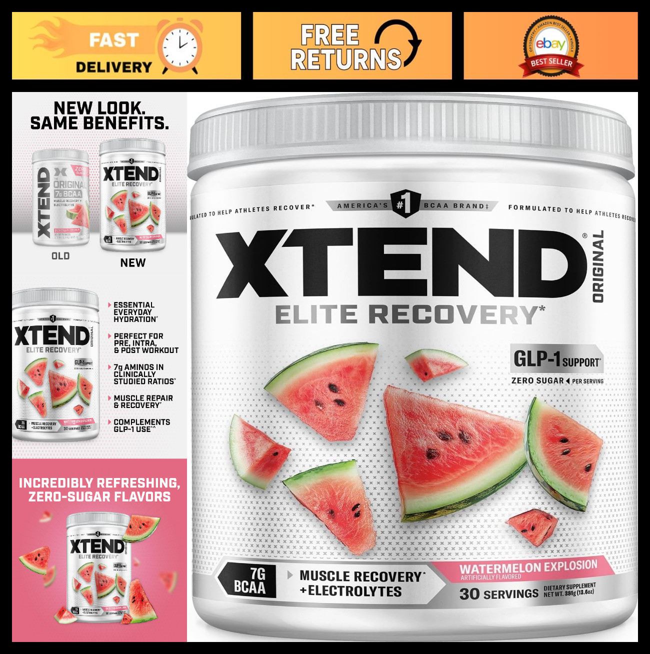 BCAA Powder for Muscle Recovery & Hydration, 7g BCAAs, Sugar Free, Watermelon, 3