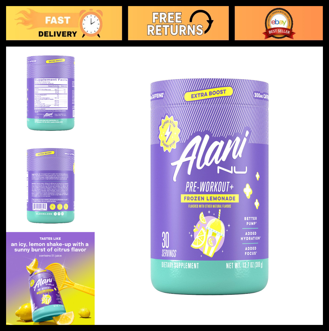 Sugar-Free Pre Workout Powder – Frozen Lemonade Flavor, 300mg Caffeine, 30 Servi