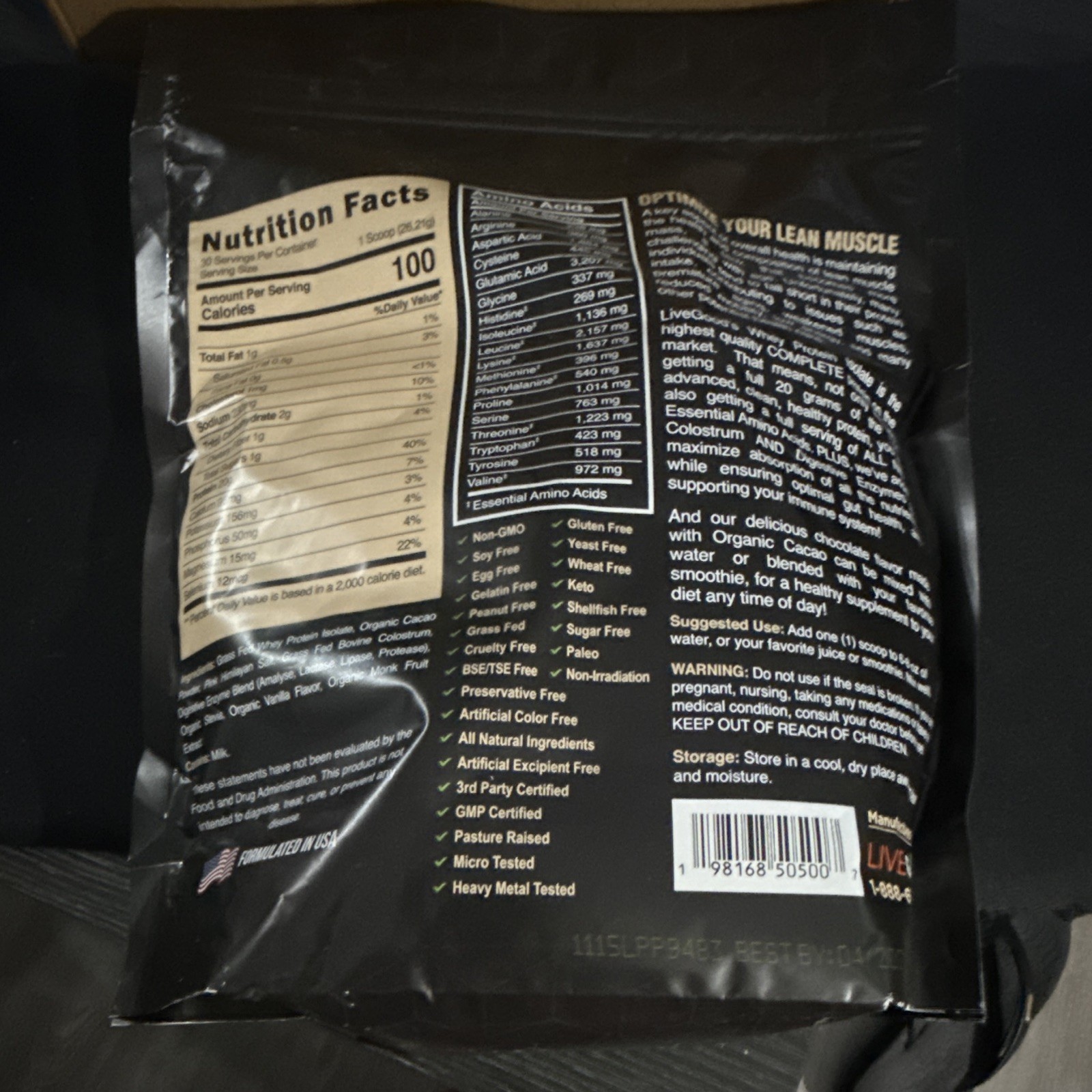 LiveGood Whey Protein Isolate + Colostrum Chocolate Keto 1.73 lb Exp 04/2027