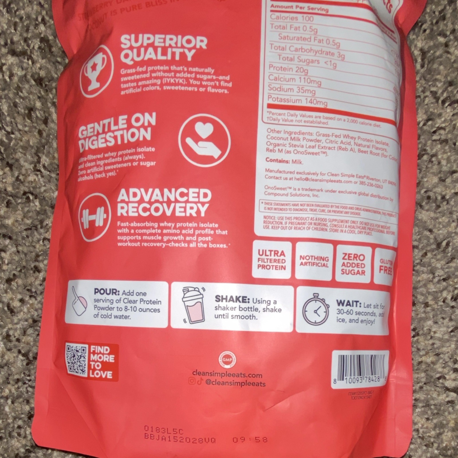 Clean Simple Eats Clear Protein Powder Grass Fed Strawberry Piña Colada 20 Serv