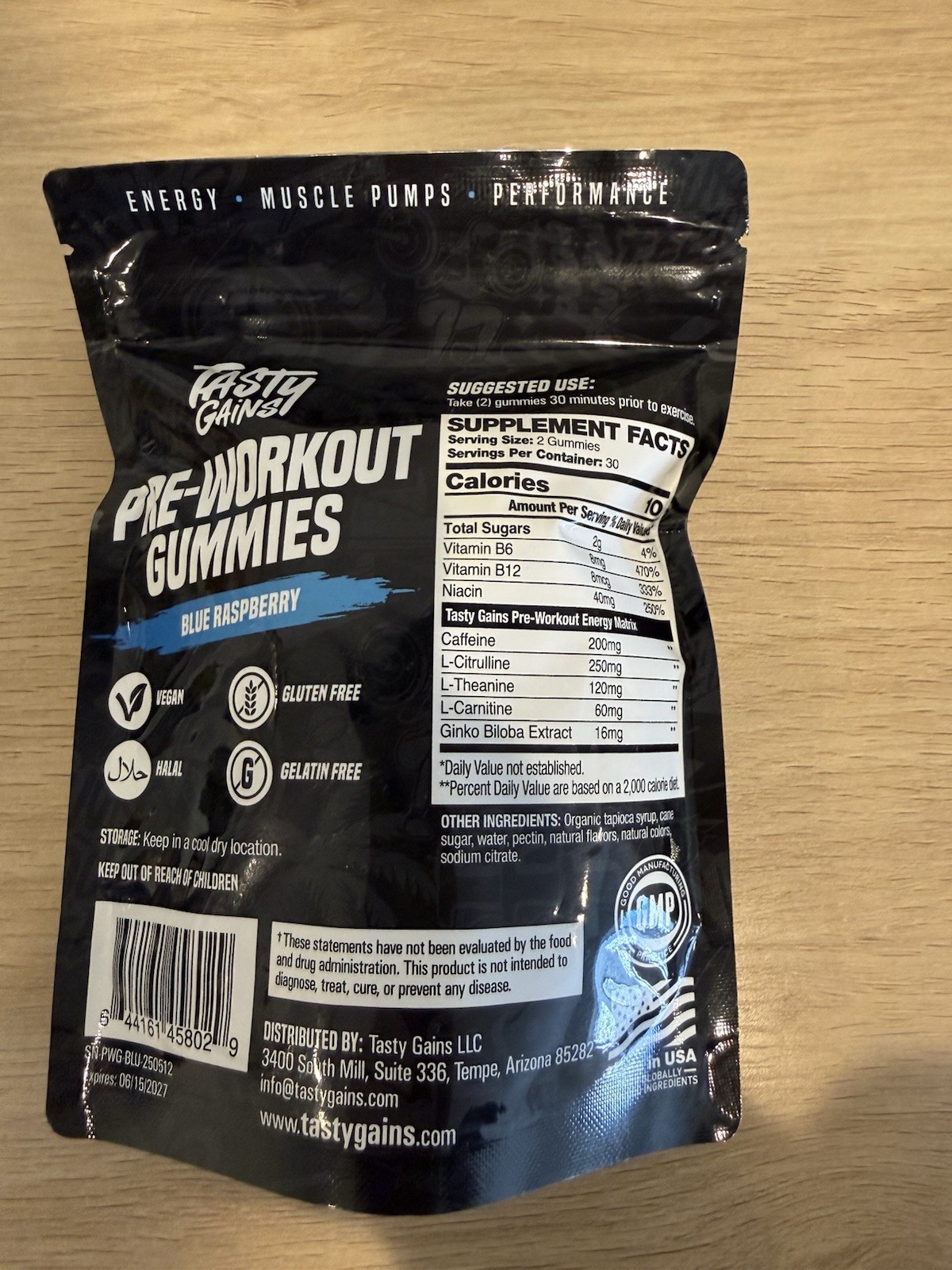 Tasty Gains Pre-Workout Gummies Blue Raspberry Dietary Supplement 30 Servings