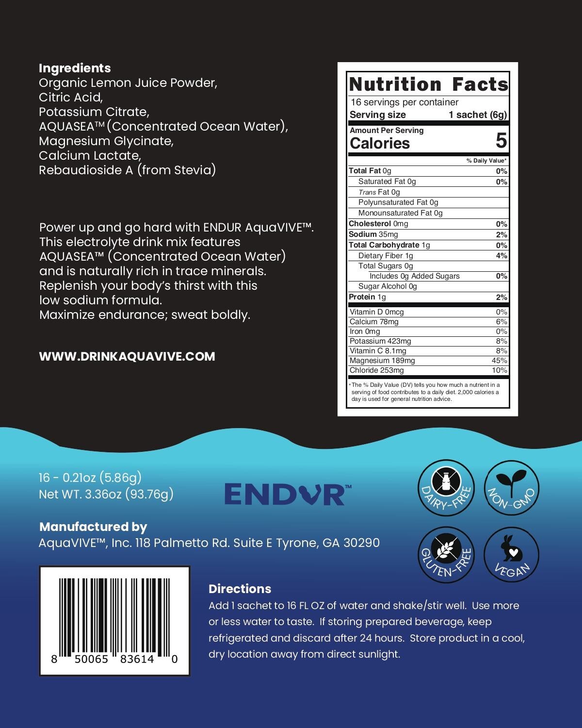 AquaVIVE™ ENDUR™ Lemon Electrolyte Powder Drink Mix Magnesium Glycinate 16 Packs