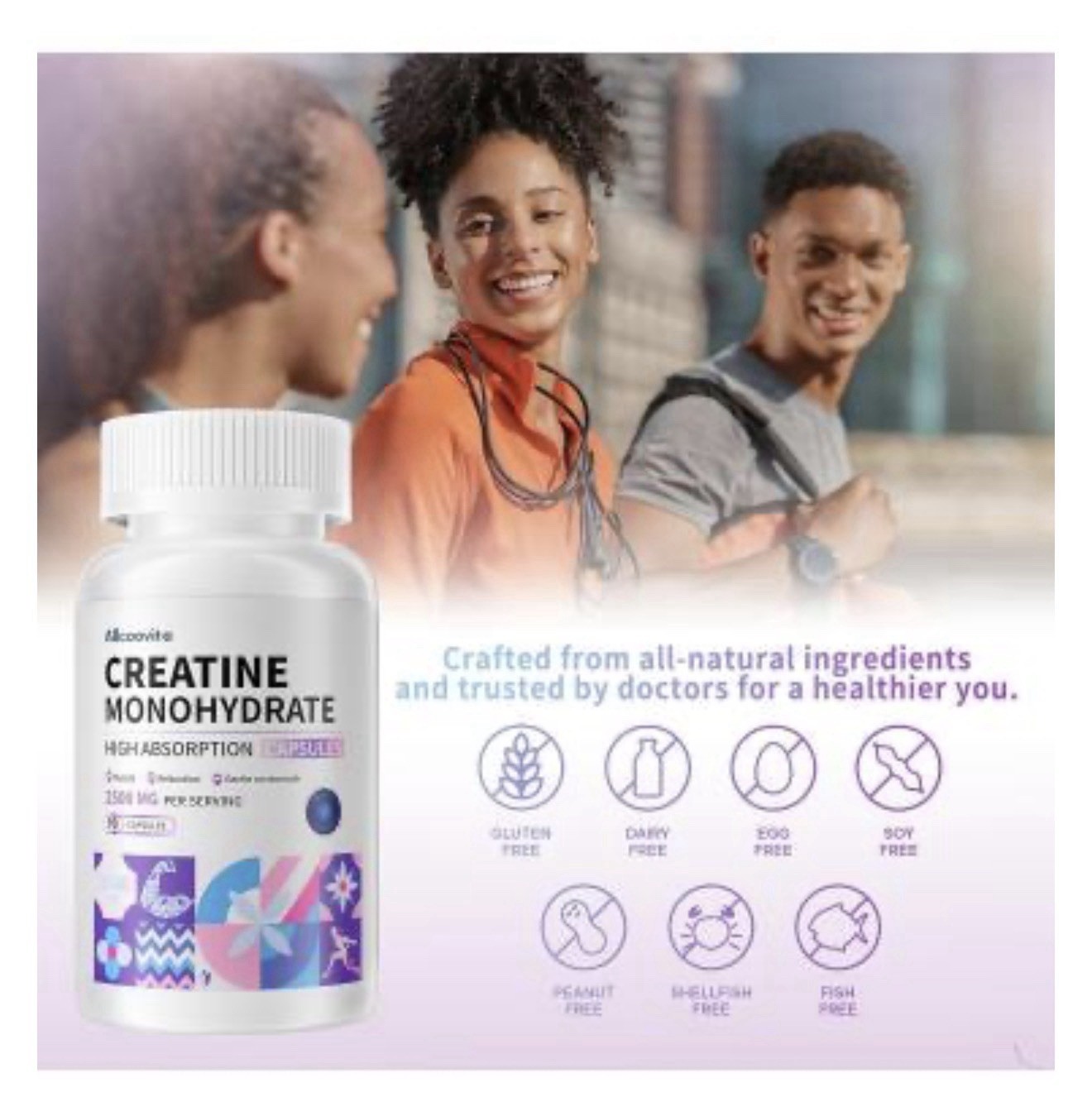 Allcoovita Creatine Monohydrate Capsules 2500mg, 90 Ct (30 Serv) Vegan