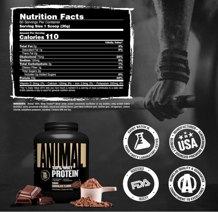 Animal 100% Whey Protein Powder, Chocolate, 4 lb, Low Sugar Formula