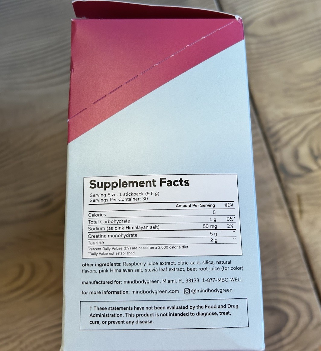 mindbodygreen 5g Creatine 2g Taurine 30 Sticks/Pack Raspberry Vegan Gluten-Free