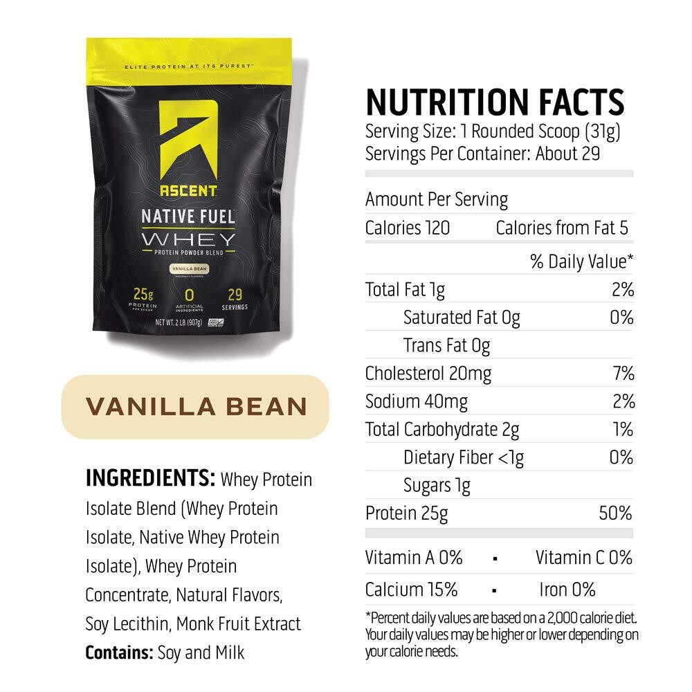 7/26 Ascent Native Fuel Whey Protein Powder – Vanilla Bean – 15 Packets