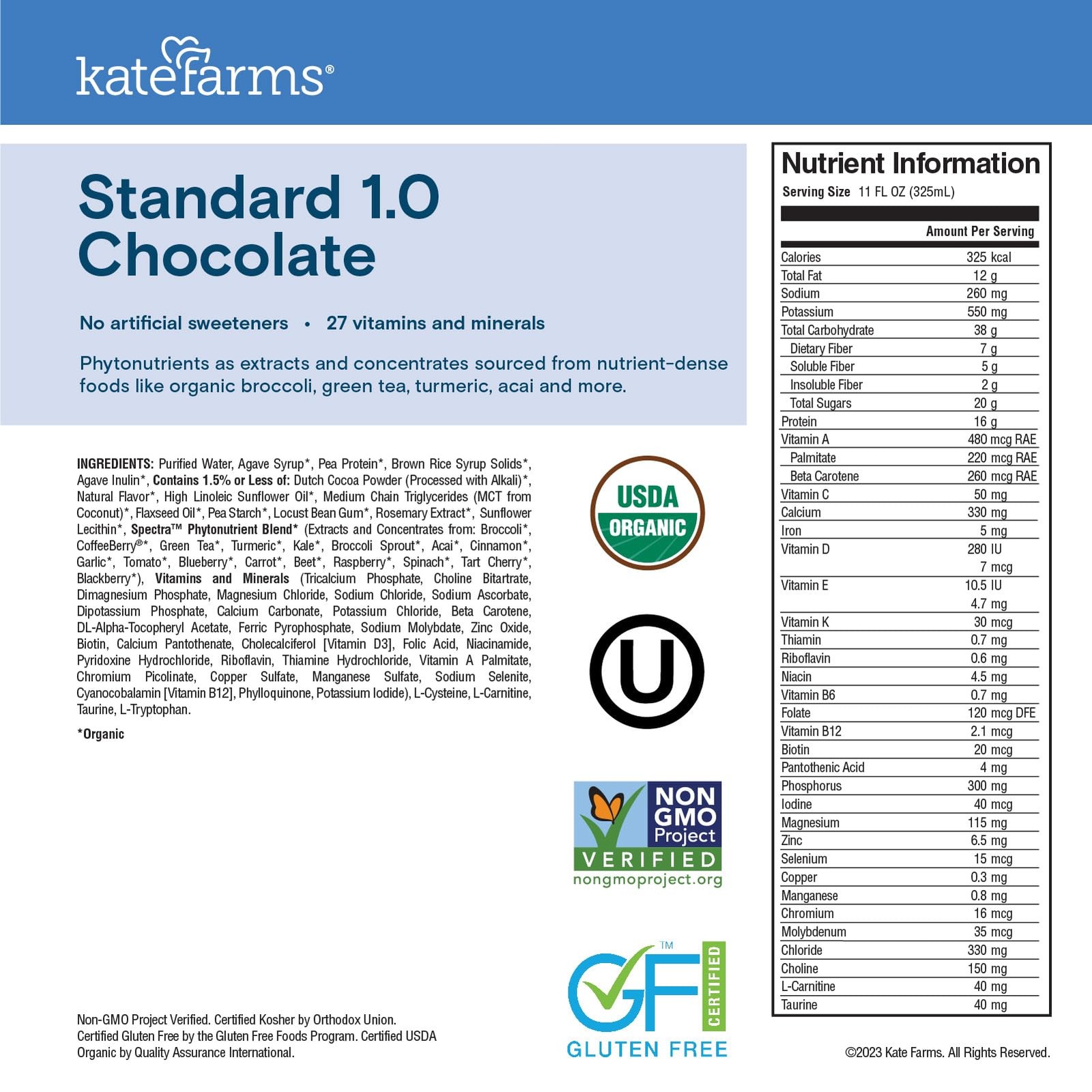 KATE FARMS Organic1.0 Chocolate Nutrition Shake, 16g 11 Fl Oz (Pack of 12)