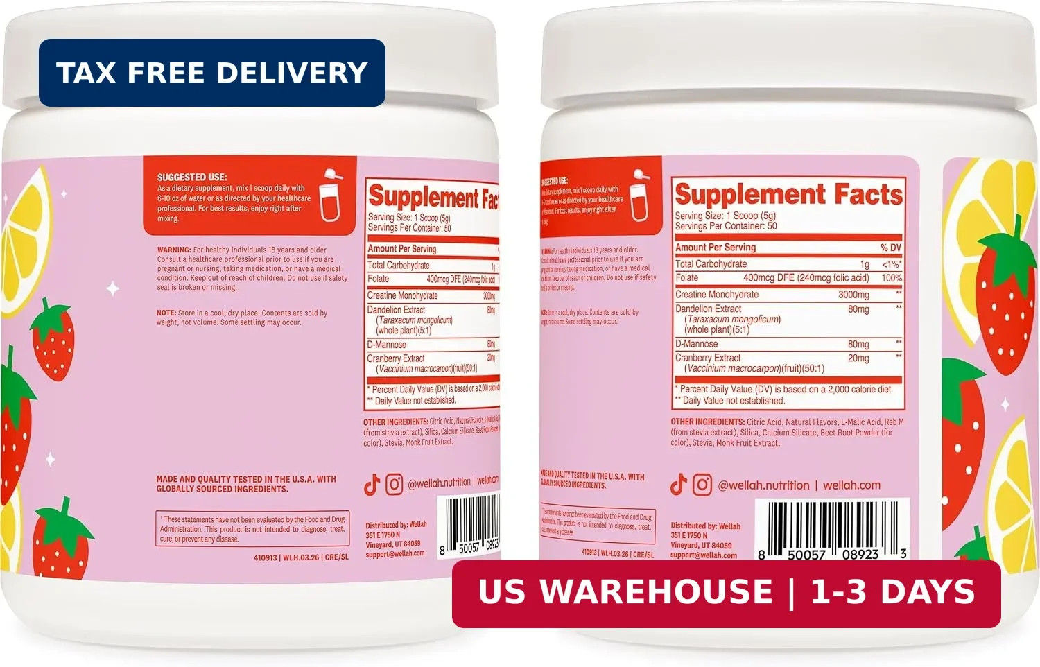 Wellah Creatine for Women (Strawberry Lemonade) 50 Servings | Creatine Monohydra