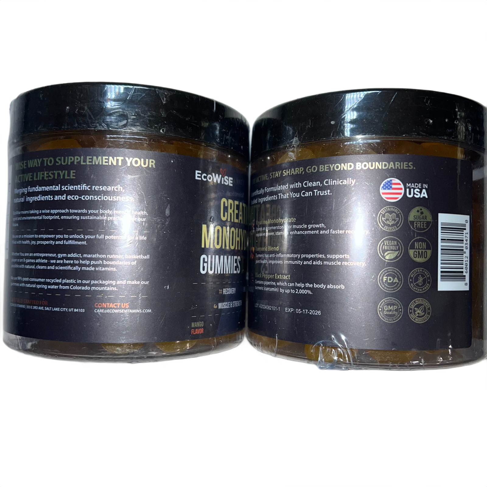 2x Ecowise Creatine Monohydrate Gummies 5000mg Mango 240ct Sugar Free BB 05/26