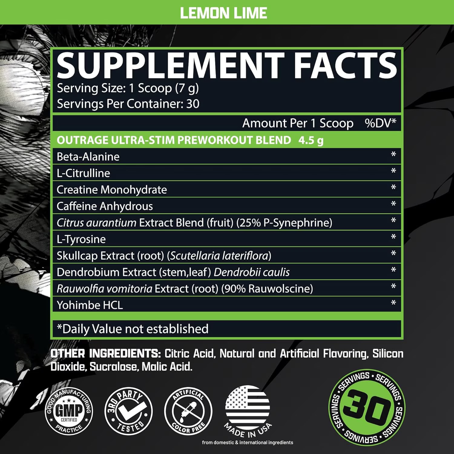 Nutrex Research OUTRAGE Lemon Lime High Intensity Pre Workout Powder 30 Servings