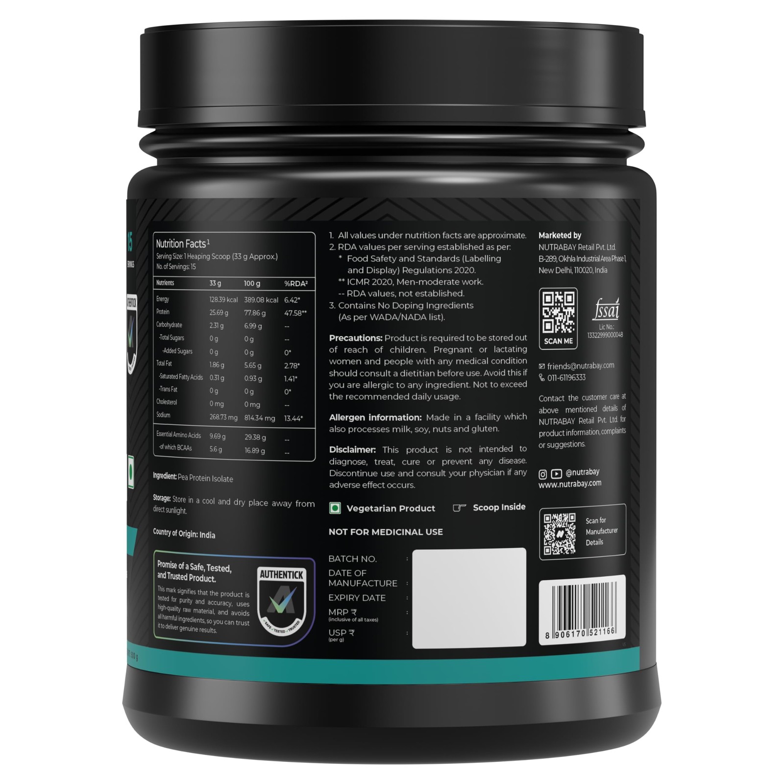 Nutrabay Pea Protein Isolate Plant Protein Unflavoured 500g