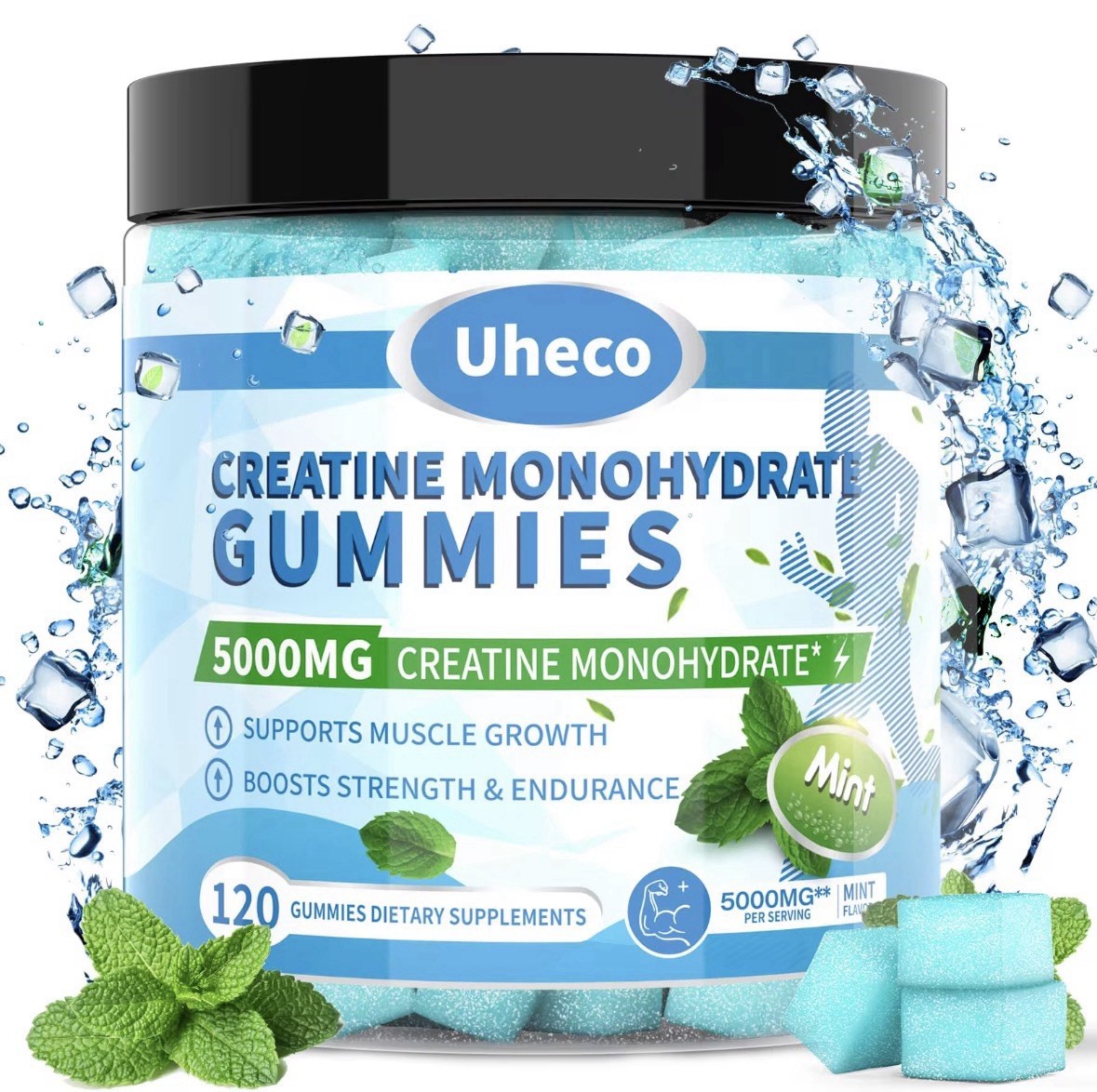 Uheco Creatine Monohydrate Gummies 5000mg Mint 120ct Sugar-Free Gluten-Free