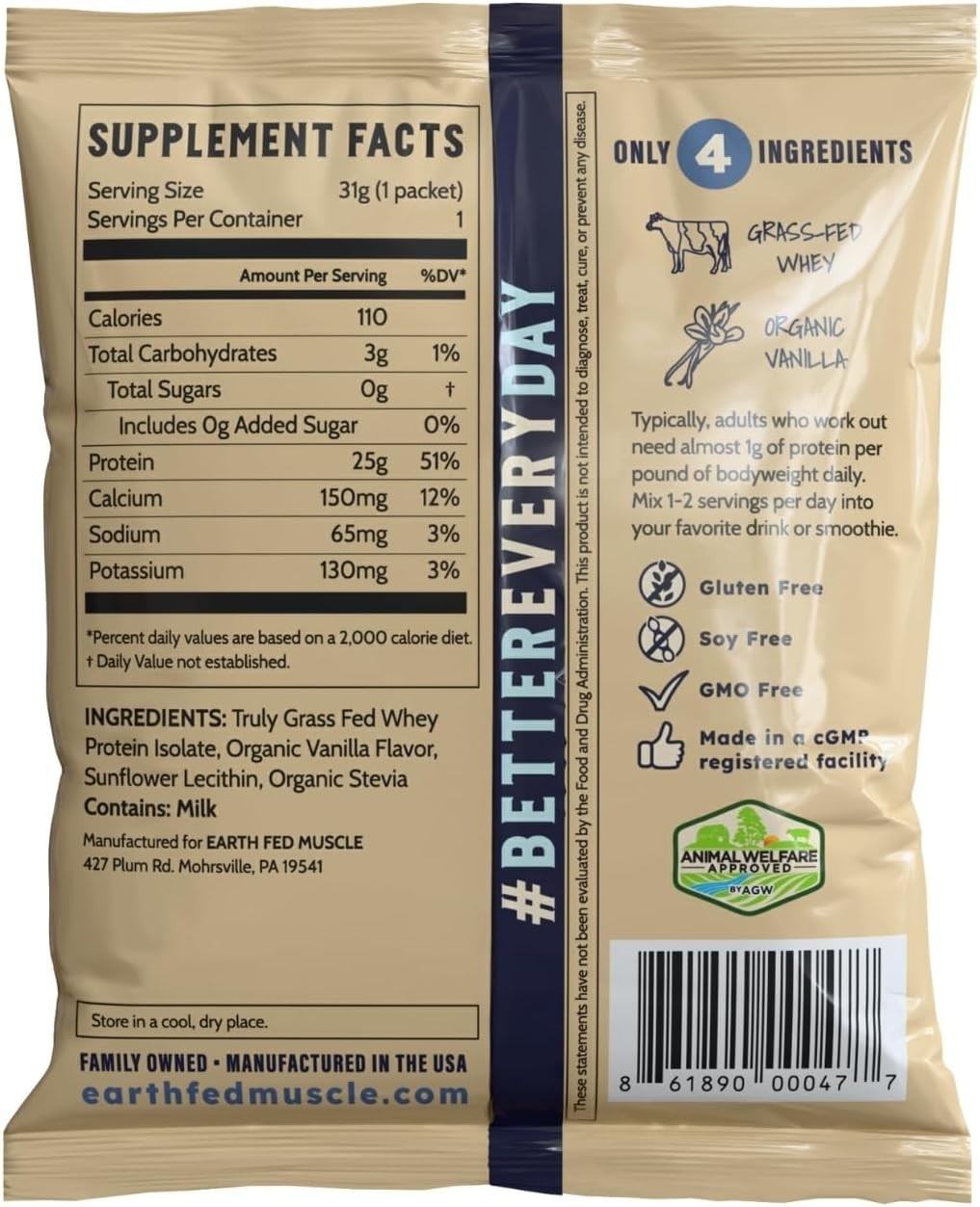 Natural Vanilla Whey Back Protein Isolate – 25g Grass-Fed Protein, Easy Mix, 1oz