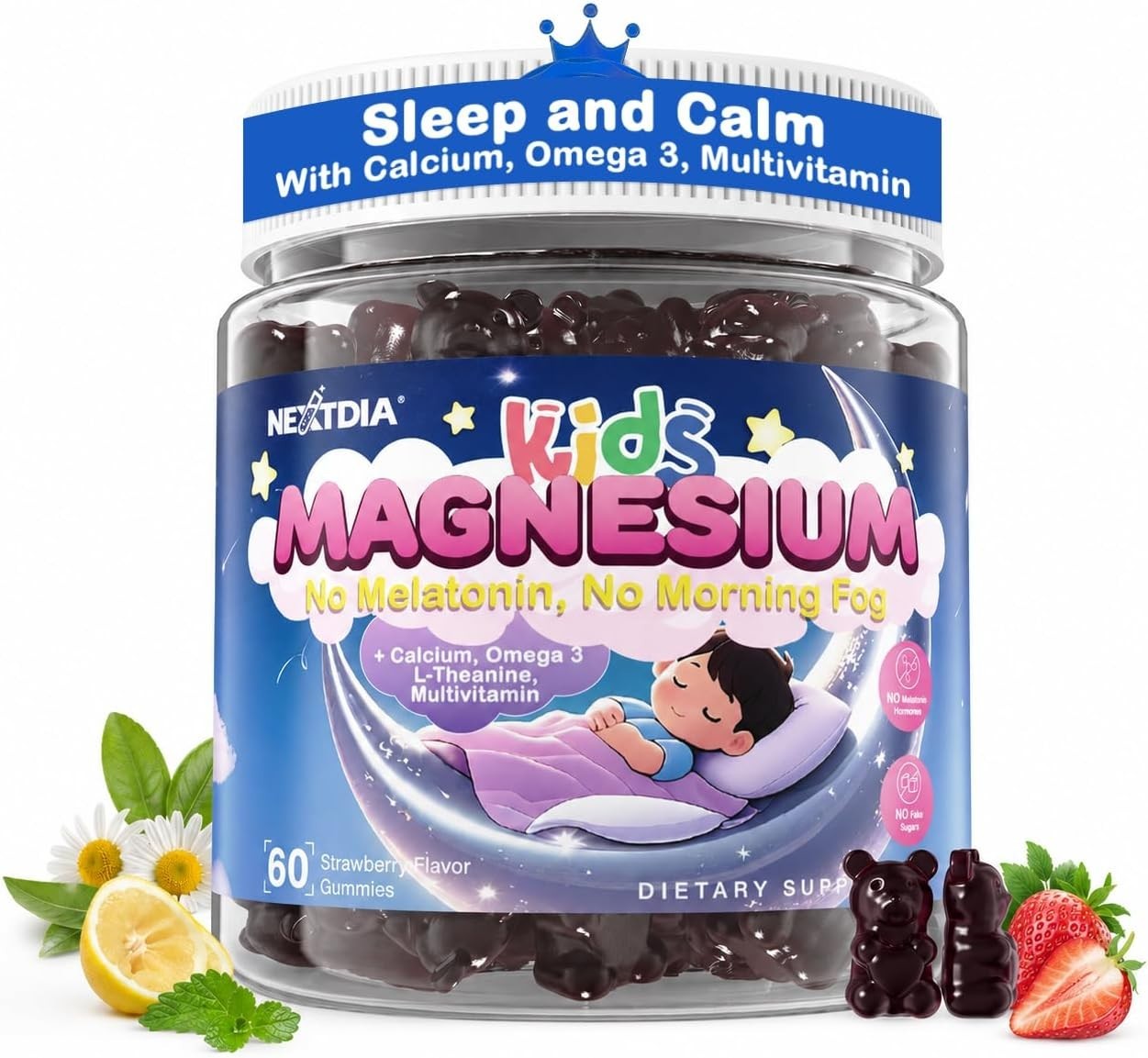Kids Glycinate Magnesium Gummies + Calcium + Omega 3 – Melatonin Free Kids Sleep