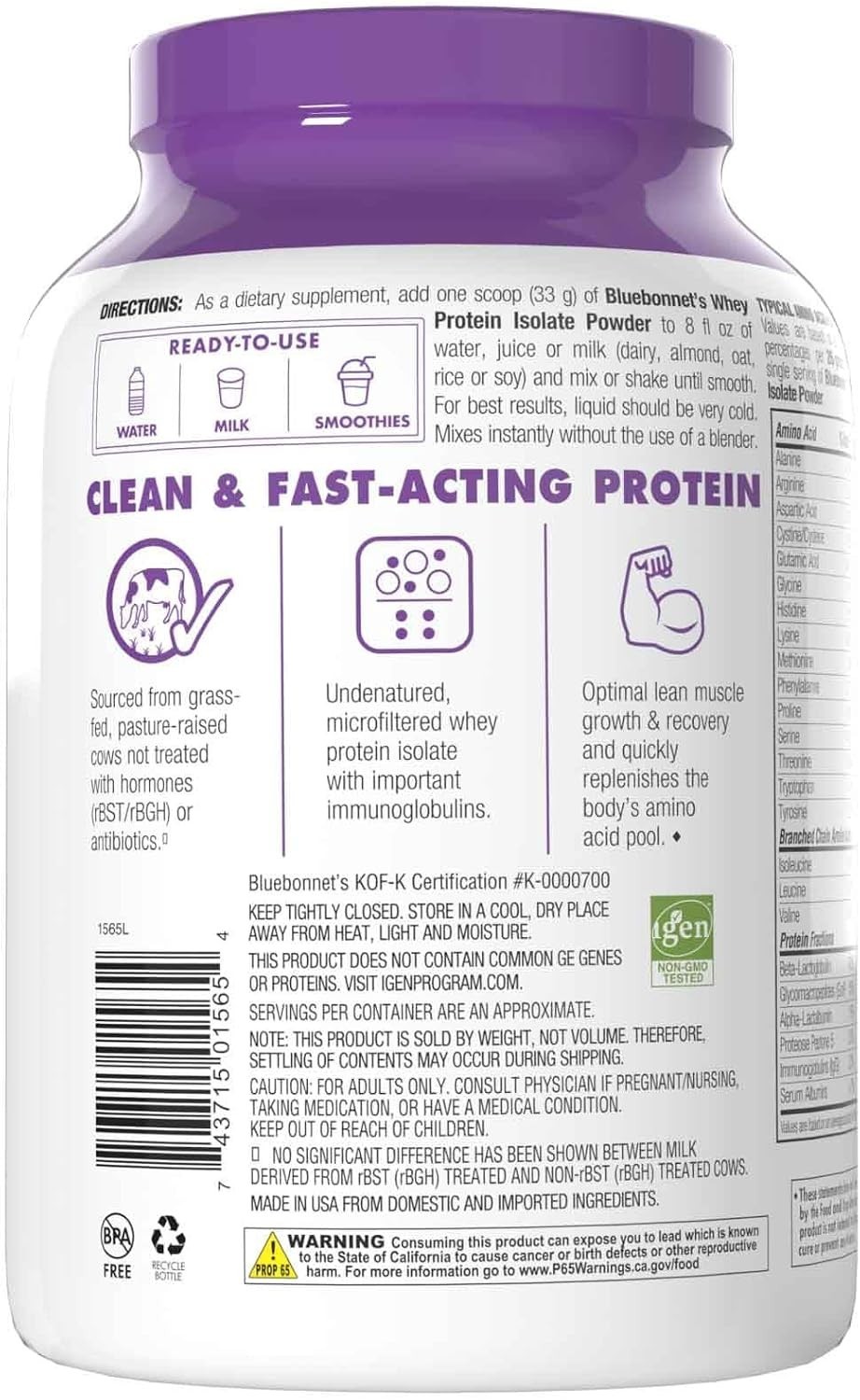 BlueBonnet Whey Protein Isolate Powder 2 Lbs 28 Servings French Vanilla