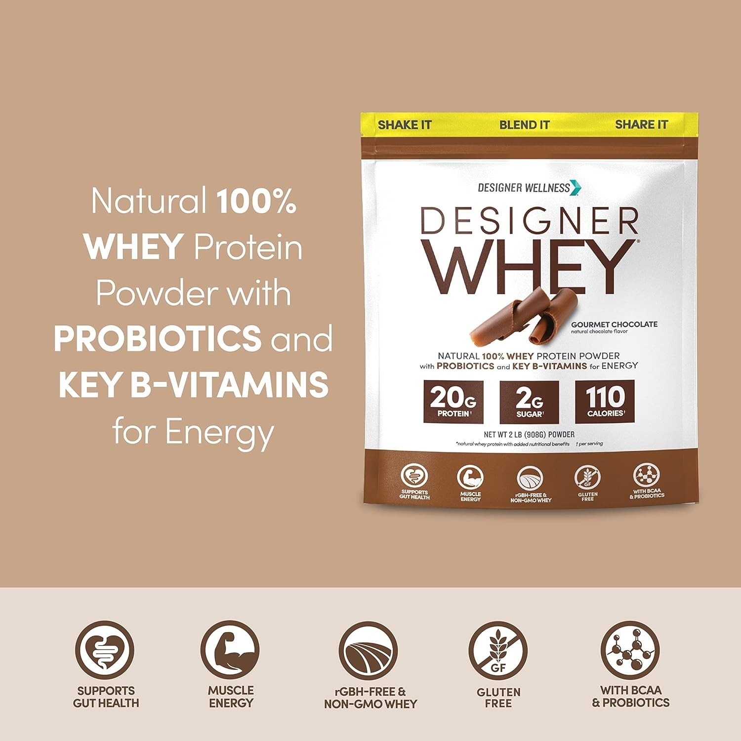Designer Whey Natural 100% Whey Protein Gourmet Chocolate 2 lb/908 g