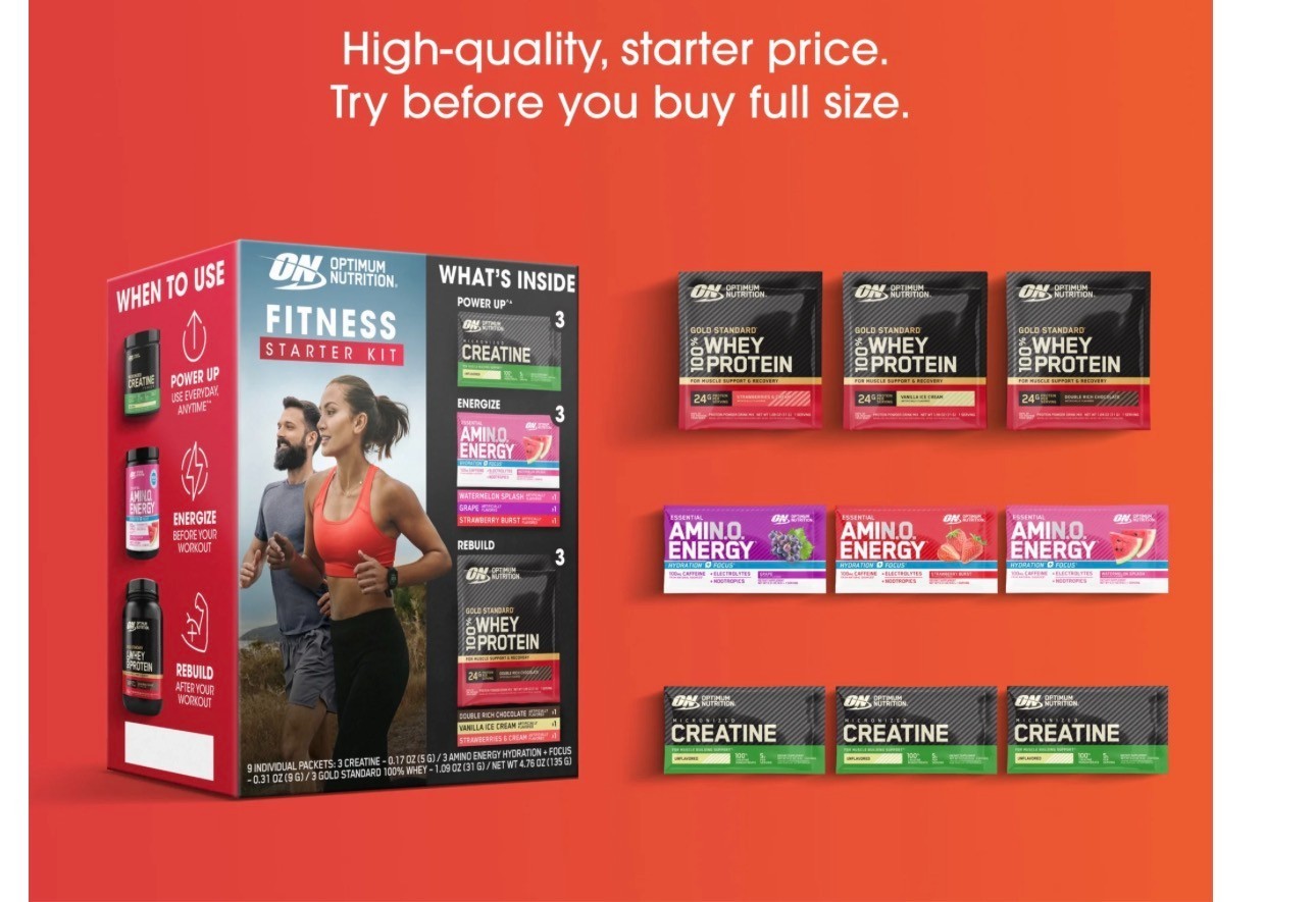 Optimum Nutrition Fitness Starter Kit Creatine Amino Energy Whey Protein Sample