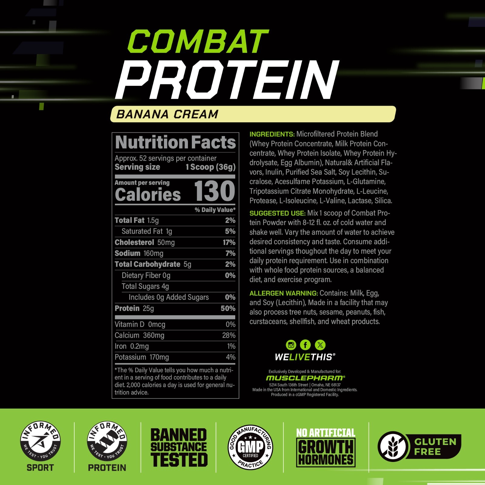 MusclePharm Combat Protein Powder – 4 lb, 52 Servings, Banana Cream