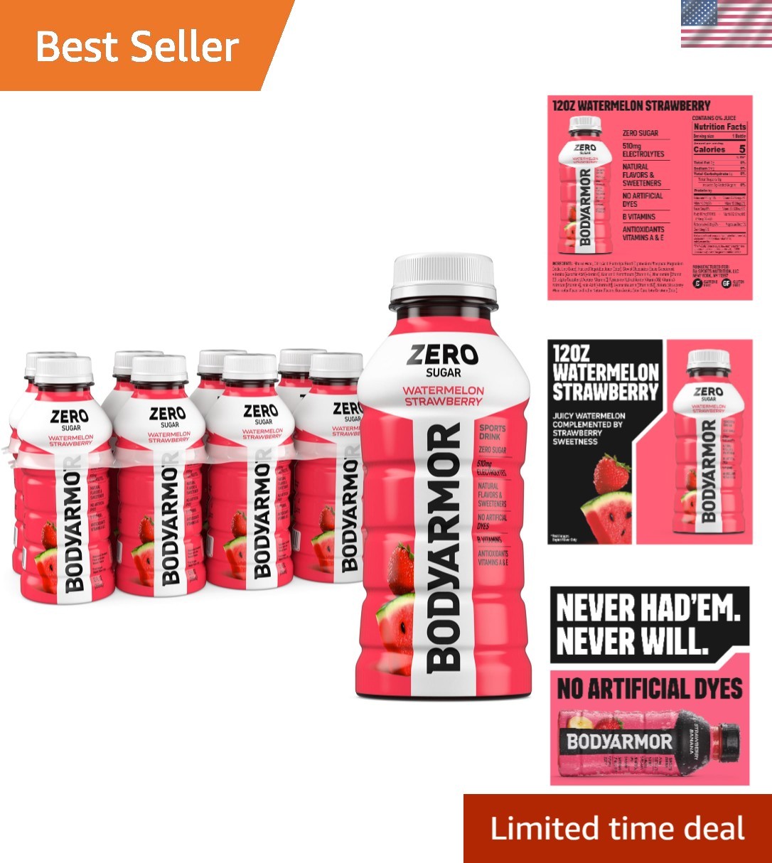 Hydrate with ZERO Sugar Watermelon Strawberry Drink – 8 Pack of 12 Fl Oz Bottles